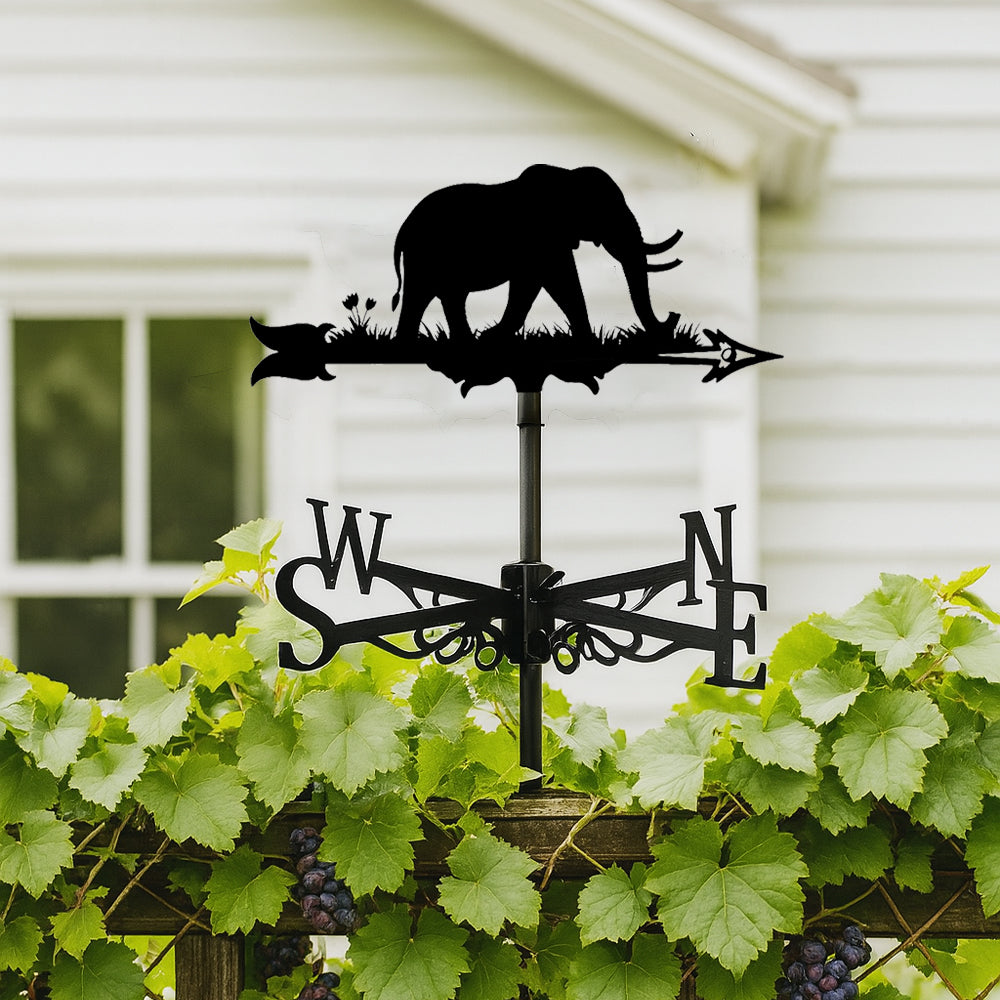 Elephant metal weather vane with directional arrows and mounting rod, outdoor roof and garden decoration