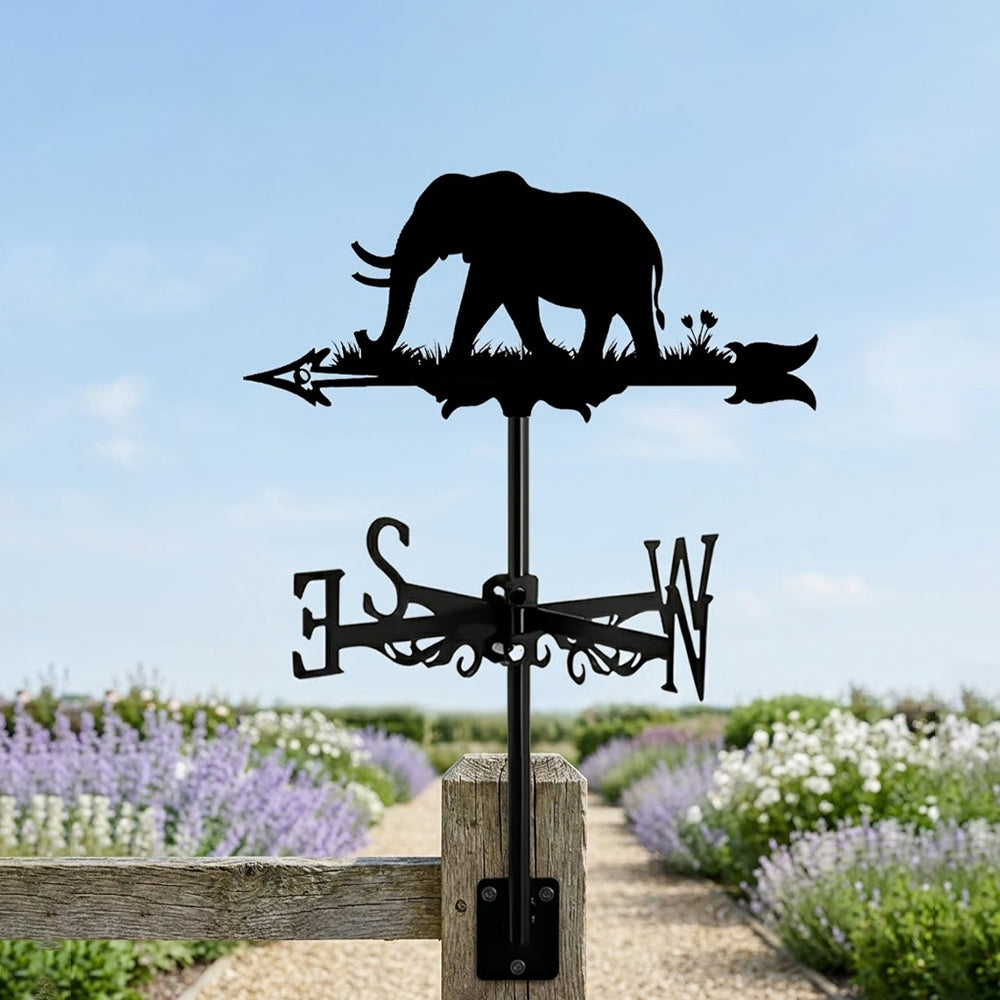 Elephant metal weather vane with directional arrows and mounting rod, outdoor roof and garden decoration