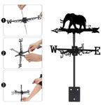 Elephant metal weather vane with directional arrows and mounting rod, outdoor roof and garden decoration