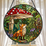 Enchanted forest mushroom fox stained glass suncatcher window hanging, suitable for home and garden decoration