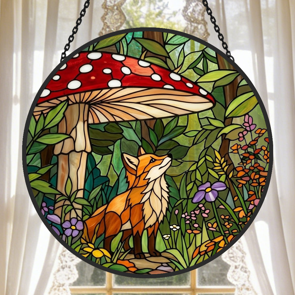 Enchanted forest mushroom fox stained glass suncatcher window hanging, suitable for home and garden decoration