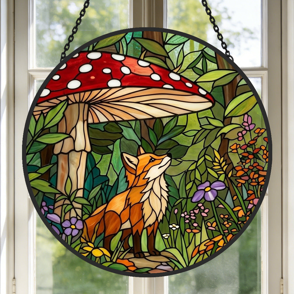 Enchanted forest mushroom fox stained glass suncatcher window hanging, suitable for home and garden decoration