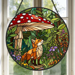 Enchanted forest mushroom fox stained glass suncatcher window hanging, suitable for home and garden decoration