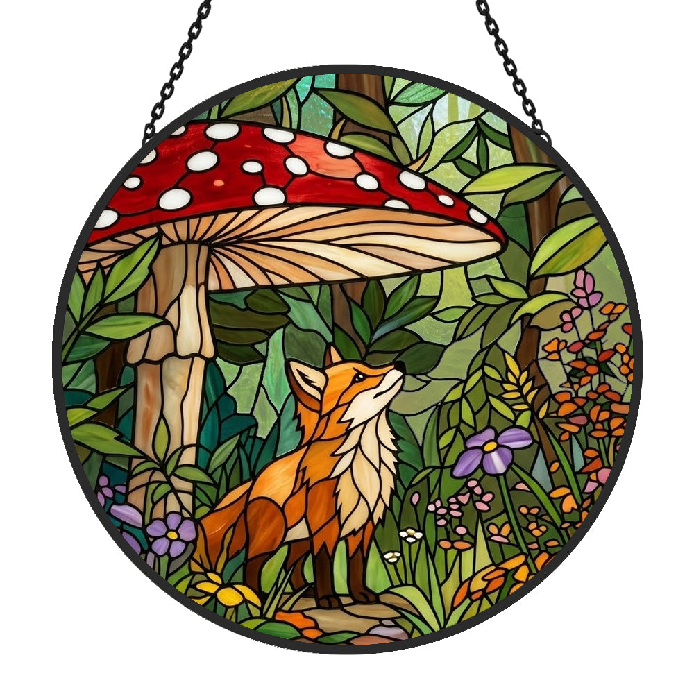 Enchanted forest mushroom fox stained glass suncatcher window hanging, suitable for home and garden decoration