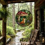 Enchanted forest mushroom fox stained glass suncatcher window hanging, suitable for home and garden decoration