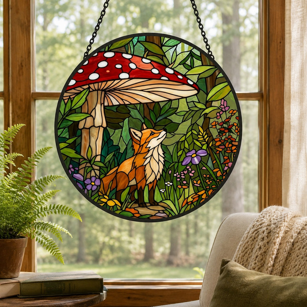 Enchanted forest mushroom fox stained glass suncatcher window hanging, suitable for home and garden decoration