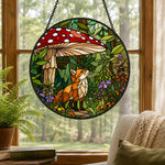 Enchanted forest mushroom fox stained glass suncatcher window hanging, suitable for home and garden decoration