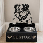 Personalized english bull dog metal dog bowl stand with custom name cutout and two removable feeding bowls