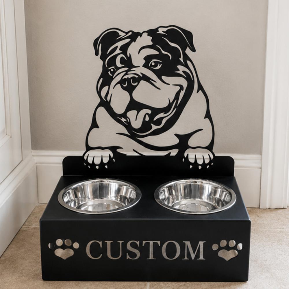 Personalized english bull dog metal dog bowl stand with custom name cutout and two removable feeding bowls