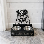 Personalized english bull dog metal dog bowl stand with custom name cutout and two removable feeding bowls