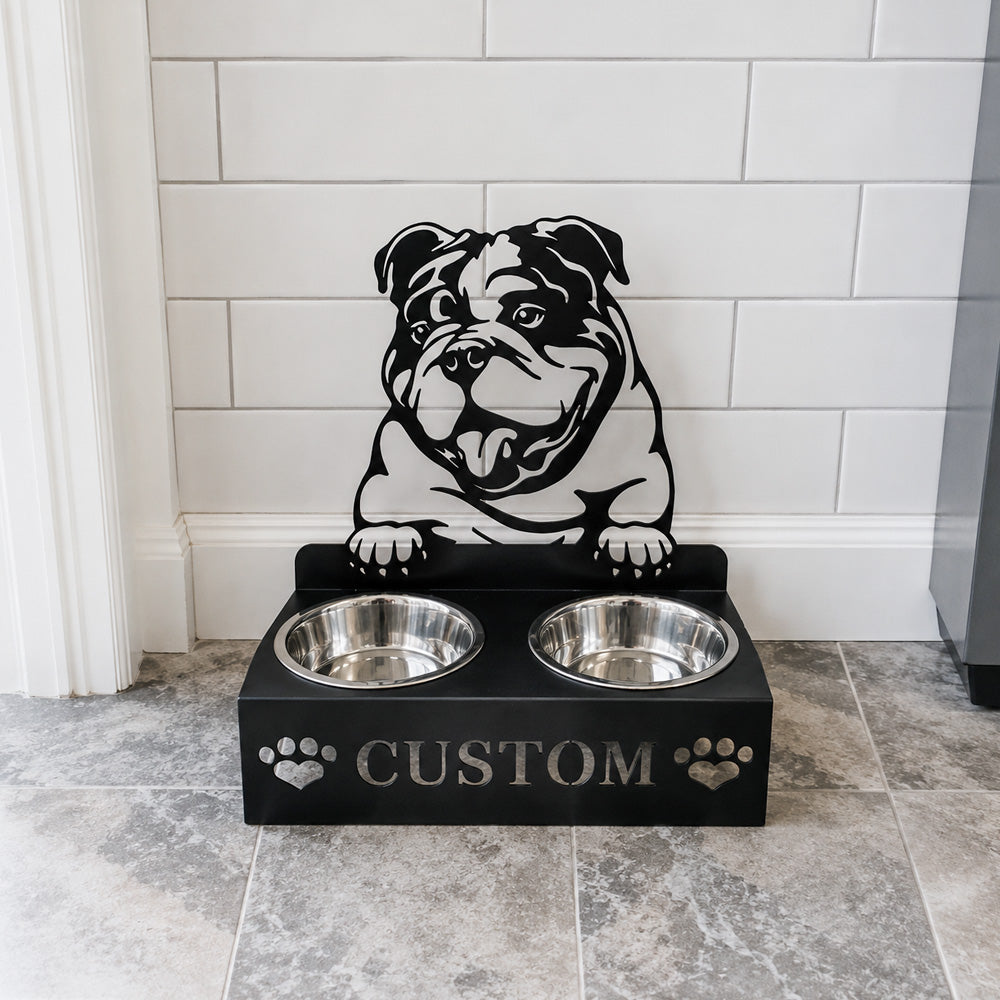 Personalized english bull dog metal dog bowl stand with custom name cutout and two removable feeding bowls