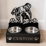 Personalized english bull dog metal dog bowl stand with custom name cutout and two removable feeding bowls