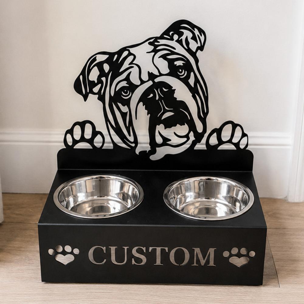 Personalized english bull dog metal dog bowl stand with custom name cutout and two removable feeding bowls