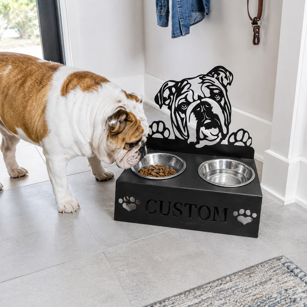 Personalized english bull dog metal dog bowl stand with custom name cutout and two removable feeding bowls