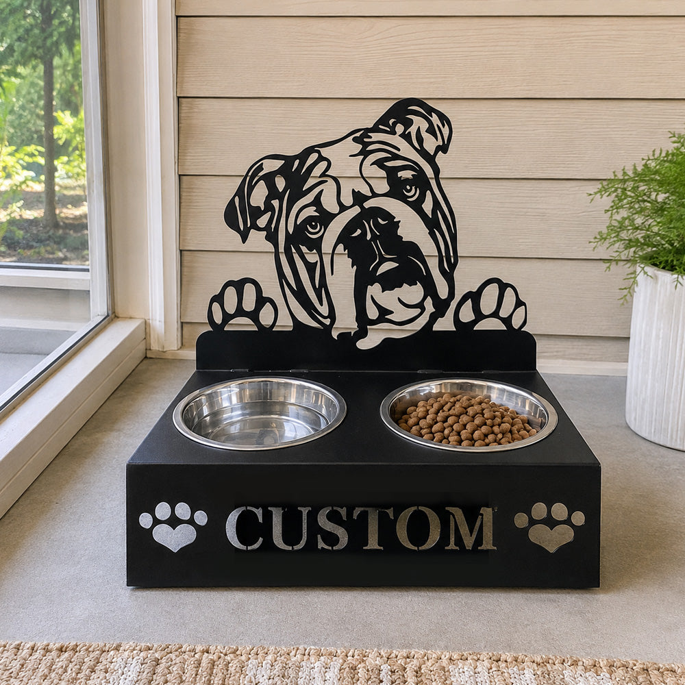 Personalized english bull dog metal dog bowl stand with custom name cutout and two removable feeding bowls