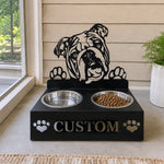 Personalized english bull dog metal dog bowl stand with custom name cutout and two removable feeding bowls
