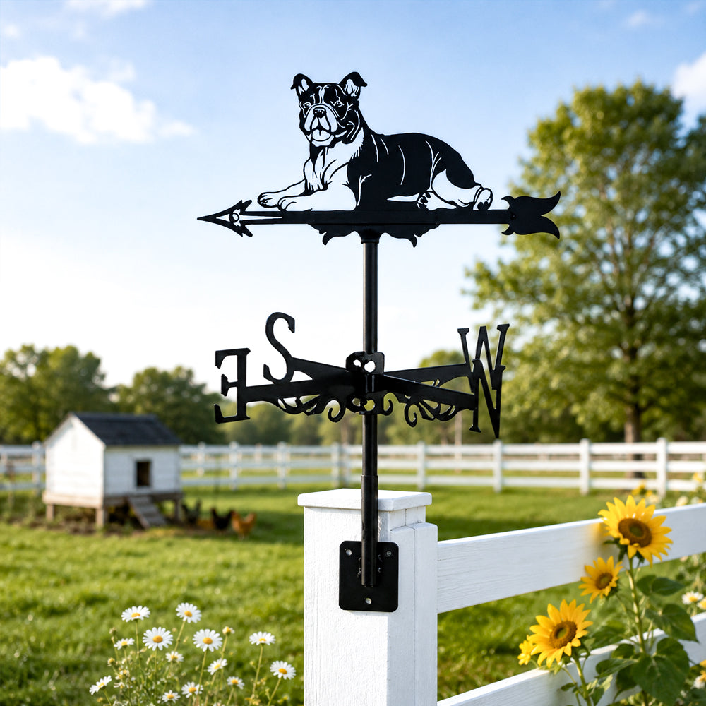 English Bull metal weather vane with directional arrows and mounting rod, outdoor roof and garden decoration