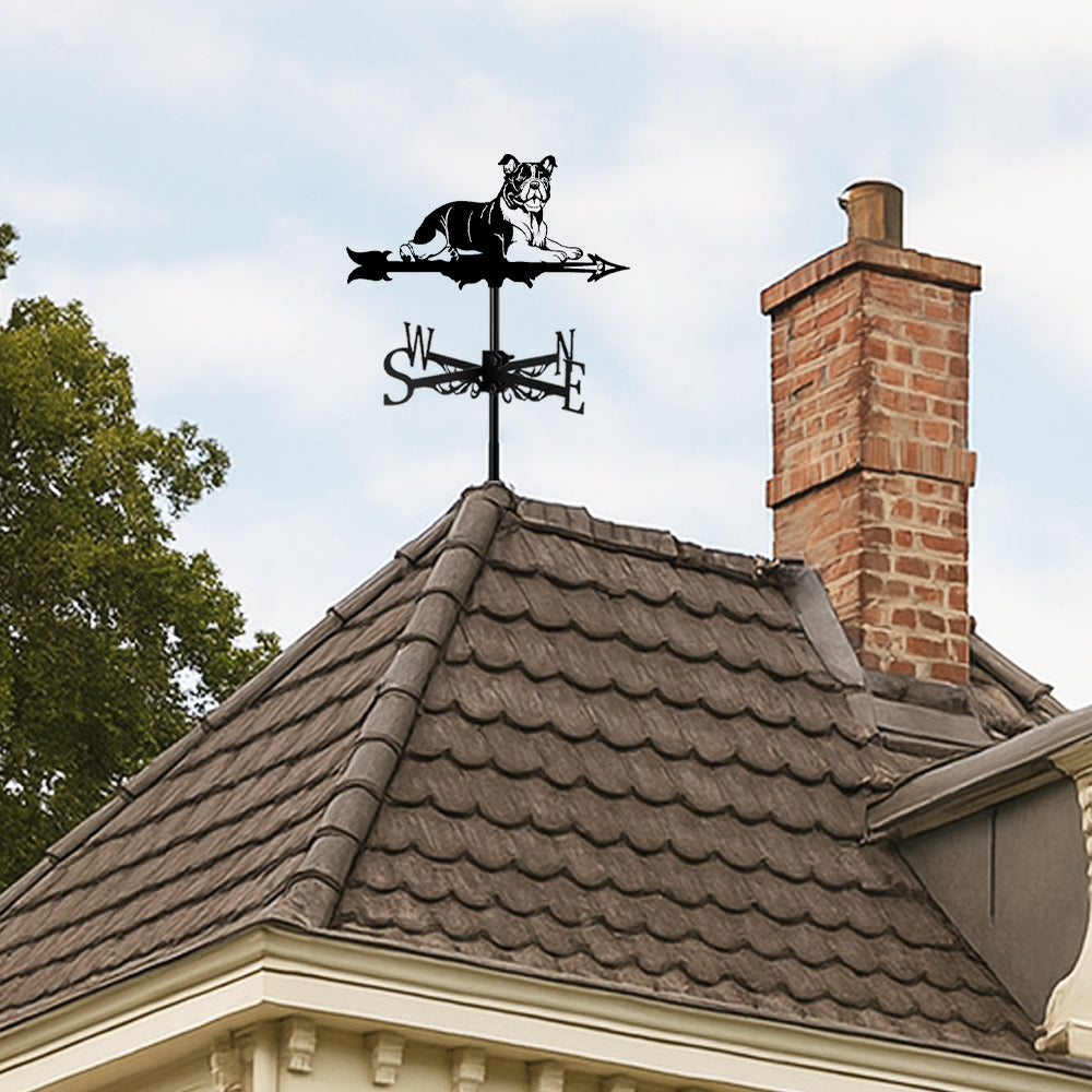 English Bull metal weather vane with directional arrows and mounting rod, outdoor roof and garden decoration
