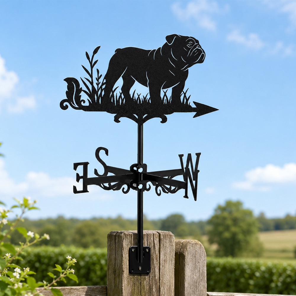 English Bull metal weather vane with directional arrows and mounting rod, outdoor roof and garden decoration