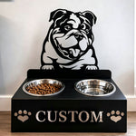 Personalized english bulldog metal dog bowl stand with custom name cutout and two removable feeding bowls