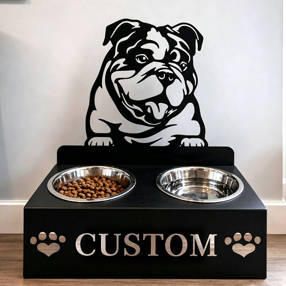 Personalized english bulldog metal dog bowl stand with custom name cutout and two removable feeding bowls