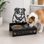 Personalized english bulldog metal dog bowl stand with custom name cutout and two removable feeding bowls