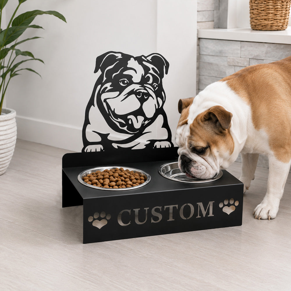 Personalized english bulldog metal dog bowl stand with custom name cutout and two removable feeding bowls