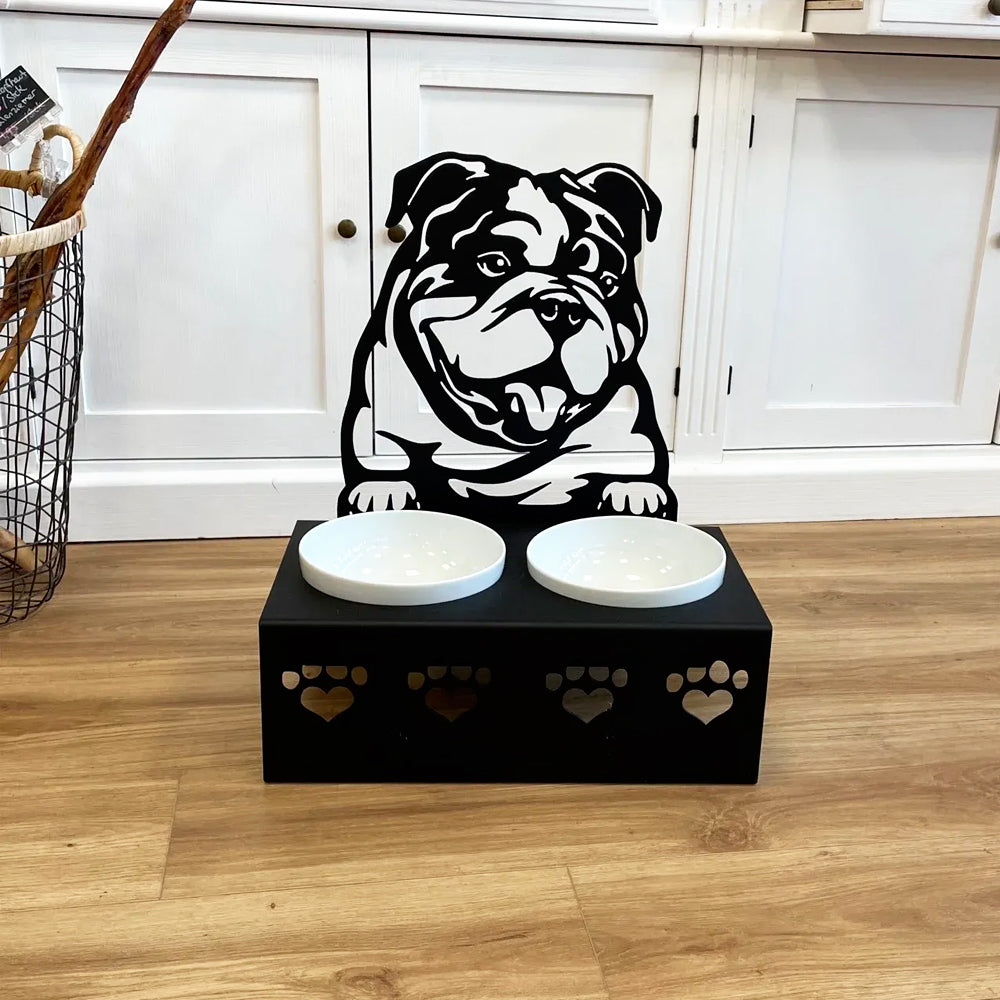 Personalized english bulldog metal dog bowl stand with custom name cutout and two removable feeding bowls
