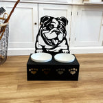 Personalized english bulldog metal dog bowl stand with custom name cutout and two removable feeding bowls