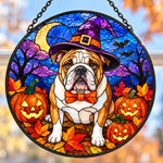 English Bulldog Halloween stained glass suncatcher window hanging, suitable for home and garden decoration
