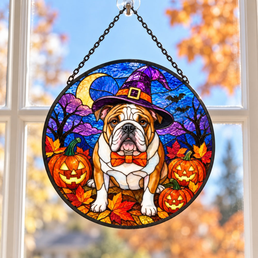 English Bulldog Halloween stained glass suncatcher window hanging, suitable for home and garden decoration