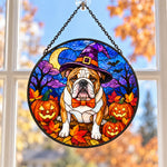 English Bulldog Halloween stained glass suncatcher window hanging, suitable for home and garden decoration