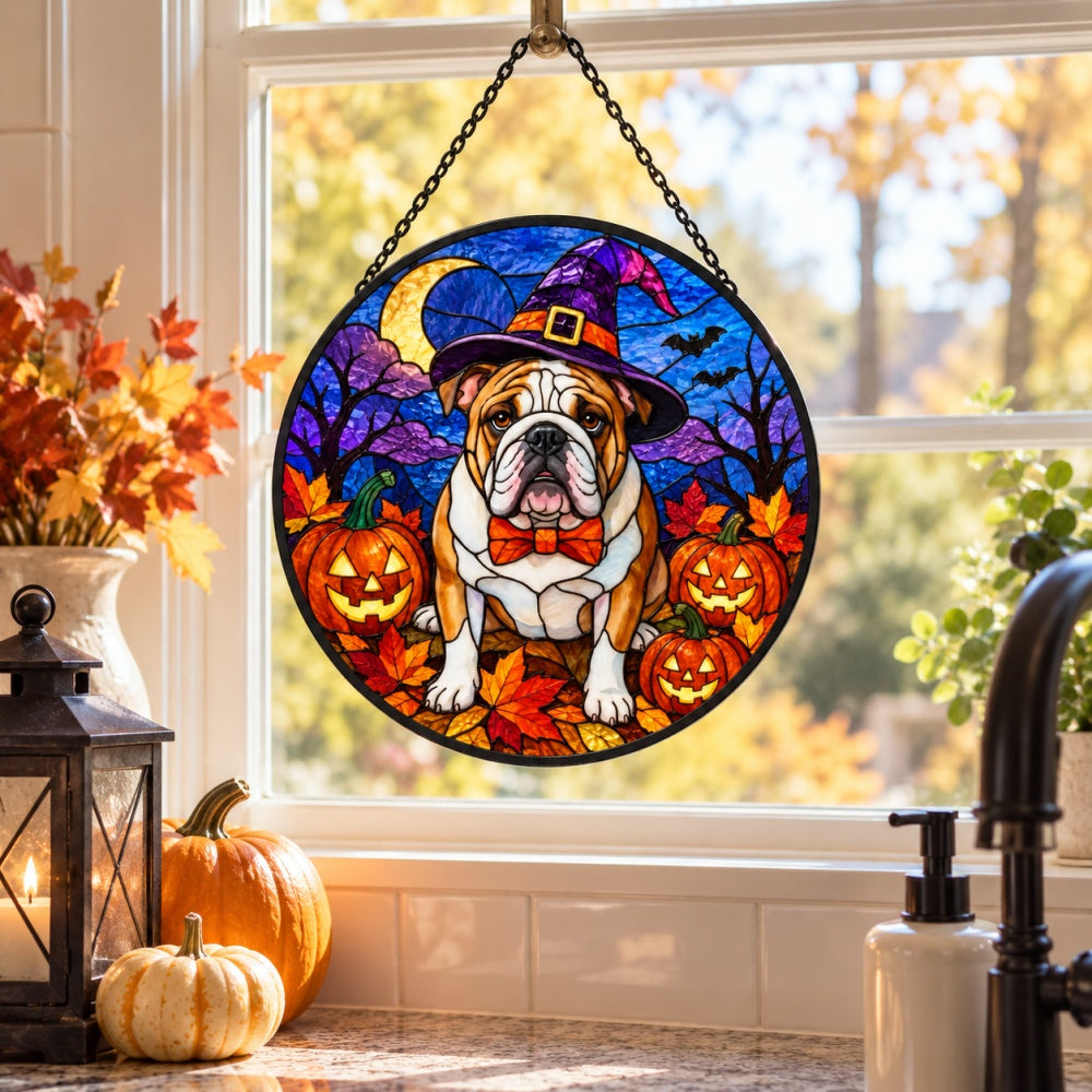 English Bulldog Halloween stained glass suncatcher window hanging, suitable for home and garden decoration