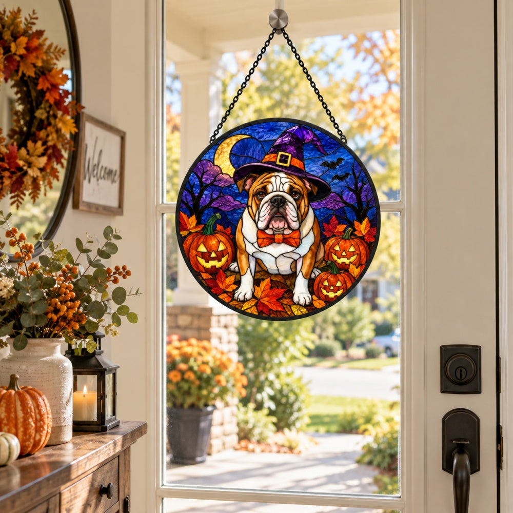 English Bulldog Halloween stained glass suncatcher window hanging, suitable for home and garden decoration