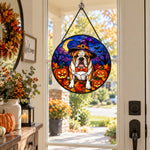 English Bulldog Halloween stained glass suncatcher window hanging, suitable for home and garden decoration