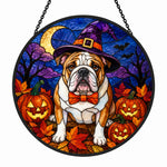 English Bulldog Halloween stained glass suncatcher window hanging, suitable for home and garden decoration