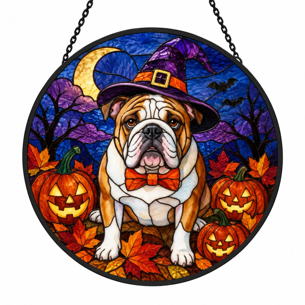 English Bulldog Halloween stained glass suncatcher window hanging, suitable for home and garden decoration