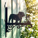English bulldog metal hanging basket bracket mounted on outdoor wall for plant decoration