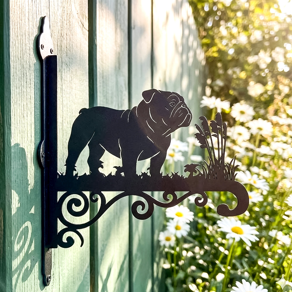 English bulldog metal hanging basket bracket mounted on outdoor wall for plant decoration