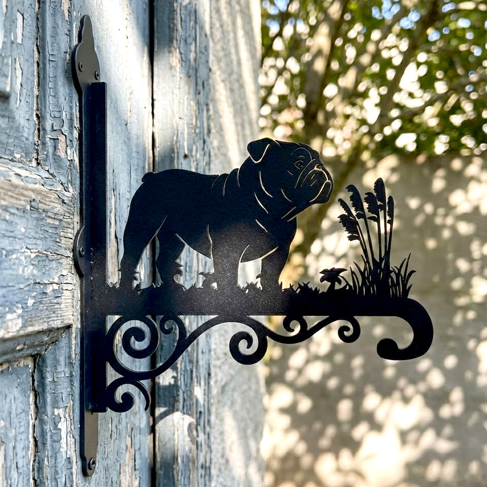 English bulldog metal hanging basket bracket mounted on outdoor wall for plant decoration