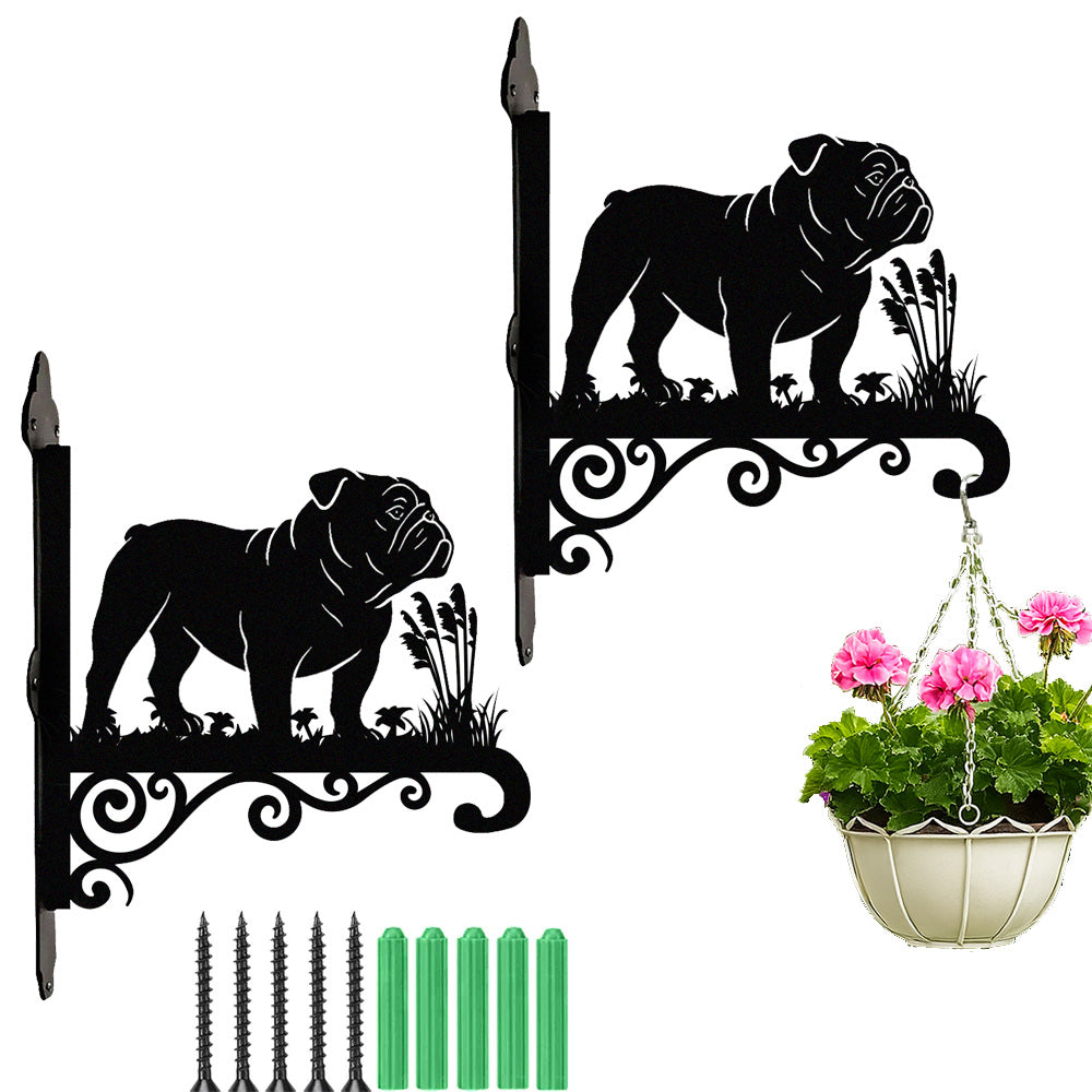 English bulldog metal hanging basket bracket mounted on outdoor wall for plant decoration