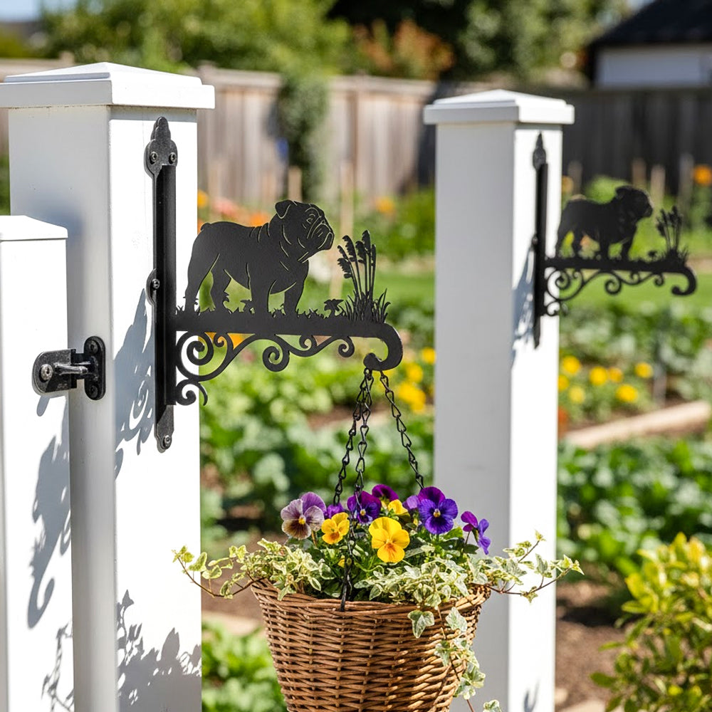 English bulldog metal hanging basket bracket mounted on outdoor wall for plant decoration
