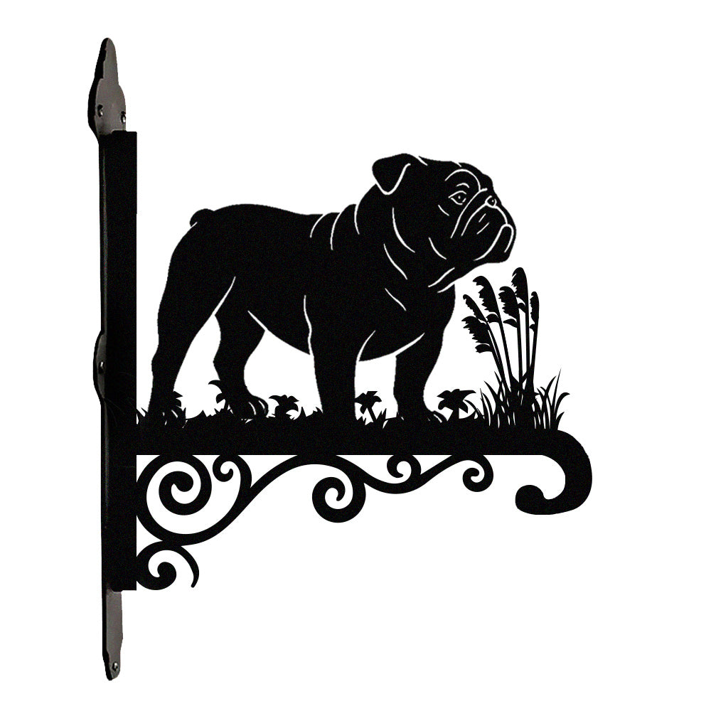 English bulldog metal hanging basket bracket mounted on outdoor wall for plant decoration