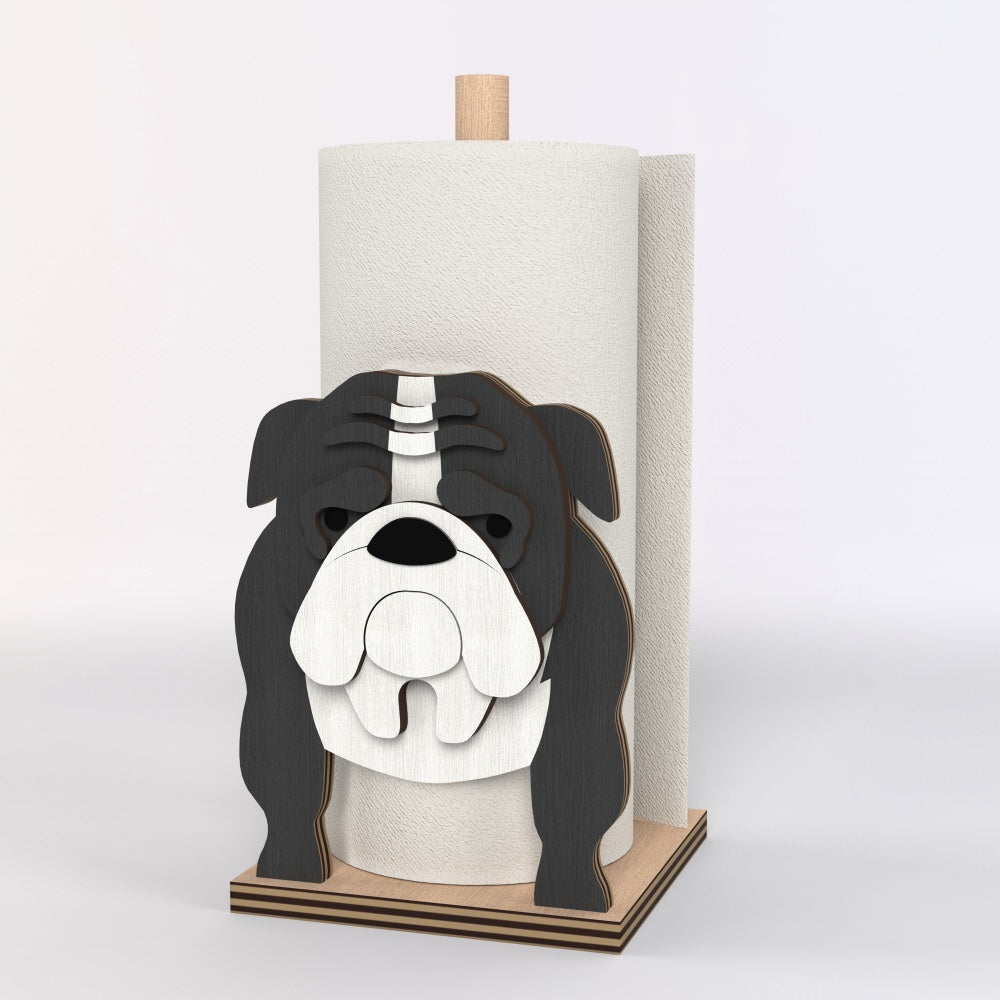English Bulldog Wooden Dog Paper Towel Holder displayed on a kitchen countertop with a freestanding paper towel roll