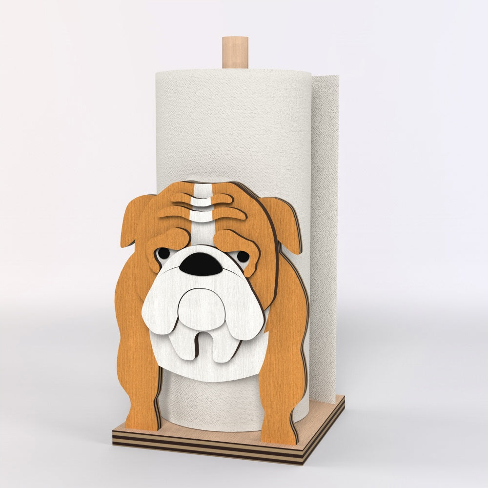 English Bulldog Wooden Dog Paper Towel Holder displayed on a kitchen countertop with a freestanding paper towel roll