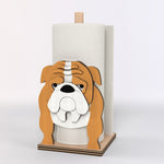 English Bulldog Wooden Dog Paper Towel Holder displayed on a kitchen countertop with a freestanding paper towel roll
