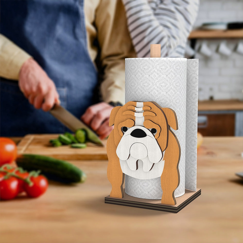 English Bulldog Wooden Dog Paper Towel Holder displayed on a kitchen countertop with a freestanding paper towel roll