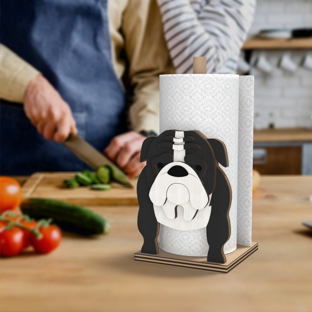 English Bulldog Wooden Dog Paper Towel Holder displayed on a kitchen countertop with a freestanding paper towel roll