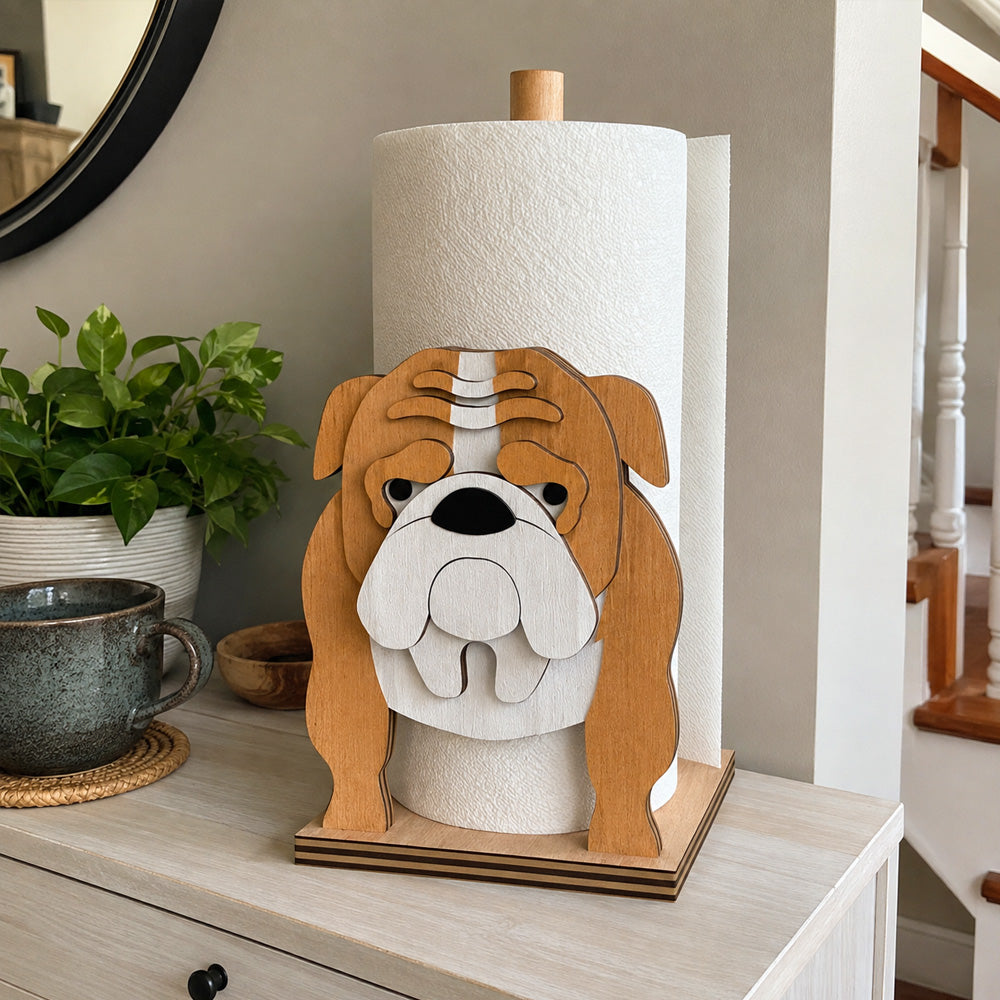 English Bulldog Wooden Dog Paper Towel Holder displayed on a kitchen countertop with a freestanding paper towel roll