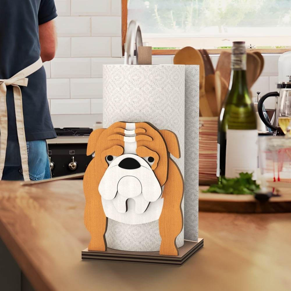 English Bulldog Wooden Dog Paper Towel Holder displayed on a kitchen countertop with a freestanding paper towel roll